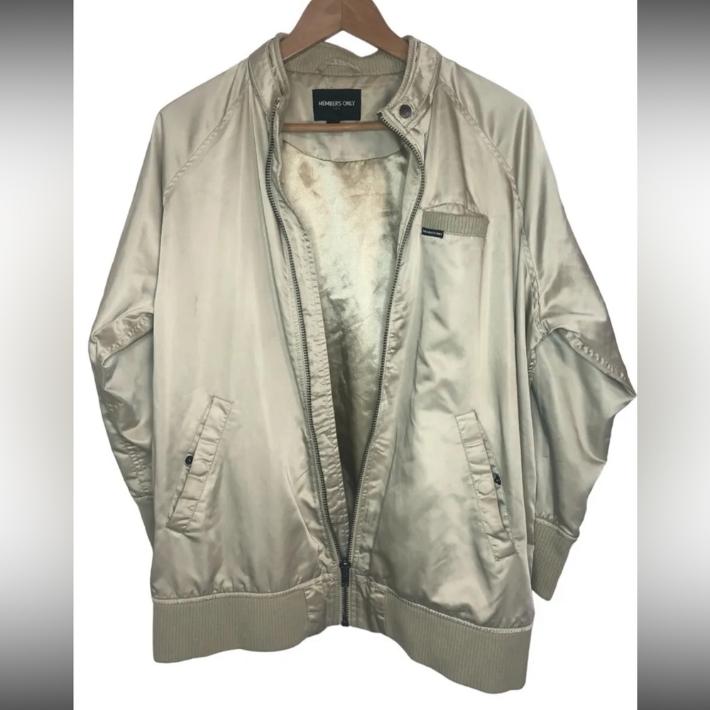 MEMBERS ONLY Iconic Classic Racer Khaki Sz L Satin Bomber Jacket 3/4 Sleeve